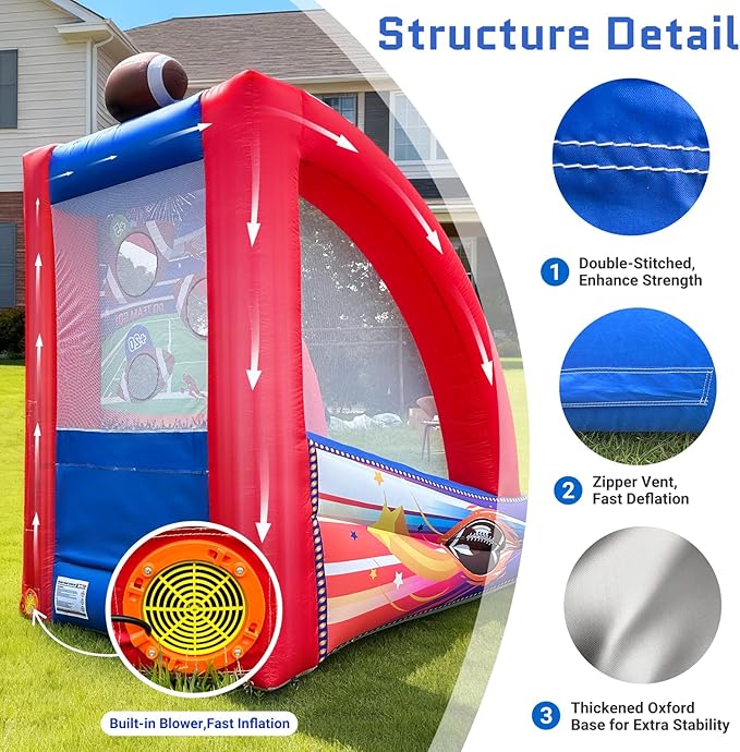 OZIS Inflatable Carnival Games with 2 Balls - Football Toss Throwing Target with Built-in Blower, Easy Setup for Indoor/Outdoor Commercial, Birthday Parties, and Lawn Interactive Game