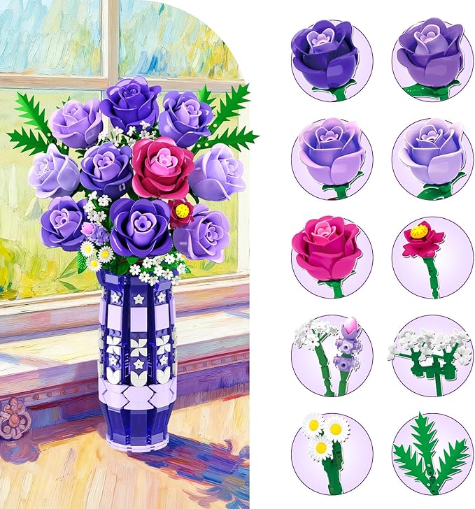Purple Roses Flowers Building Set with Vase & LED Light, 17 Mini Flowers Bouquet Building Blocks Toy for Adults, Artificial Flowers for Home Office Decor & Display, Gifts for Women & Men