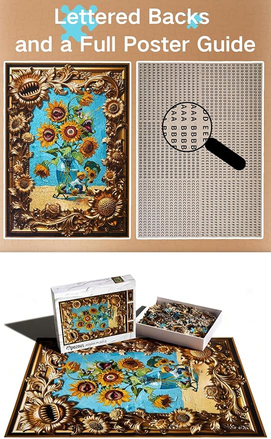 Van Gogh Mutant Sunflowers Jigsaw Puzzle 1000 Pieces for Adults, Funny Horror Art Puzzle for Family Night, Thoughtful Gift &Home Decor with Unique Golden Border Design, 27.6 x 19.7 in Hipazous