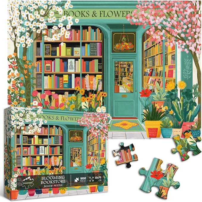 PICKFORU Book Jigsaw Puzzles 1000 Pieces, Spring Flowers Bookstore Puzzles for Adults, Blooming Bookshelf Puzzle as Home Decor