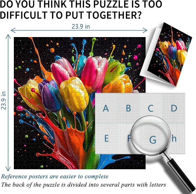 Gradient Tulips 1000 Piece Puzzle for Adults, PICKFORU Coloful Flowers Art Jigsaw Puzzles, Hard Challenging Spring Plant Theme as Wall Decor