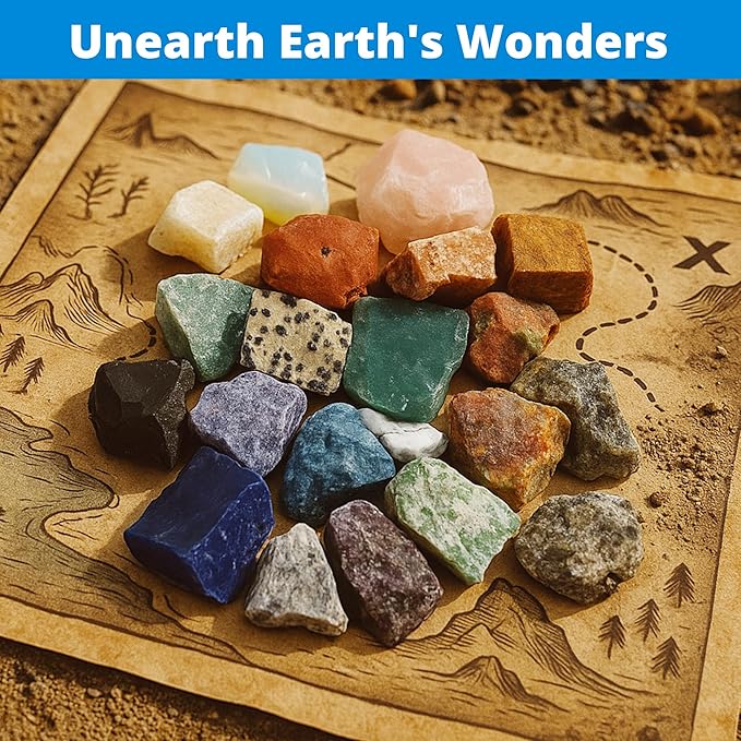PIBEX Jumbo Rock Collection Kit - 20 Pcs Large Unpolished Rocks, Minerals & Crystals (1.5-2 inch) with 54 Game Cards, Learning Book, Collector Box & Magnifier - Educational Rock Lover Gift for Kids 6+