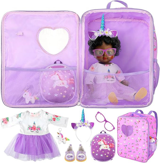 Wettarn 18 Inch Doll Carrier Set with Clothes and Accessories Including Doll Travel Bag, Dress, Shoes, Sunglasses, Backpack and Unicorn for Unicorn Birthday Gift(Purple)