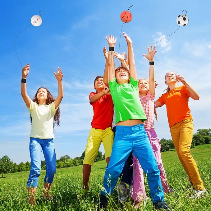 Skylety 6 Pcs Wrist Return Ball on a String 2.48 Inch Rebound Sport Balls with Elastic Strap Soccer Basketball Baseball Practice Party Favors Wrist Exercise and Fun Play for Kids Adults