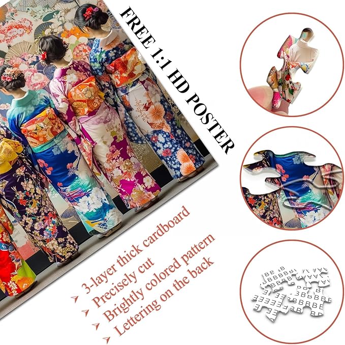 PICKFORU Elegant Kimono Puzzles for Adults 1000 Pieces, Intage Cherry Blossom Geisha Puzzles, Colorful Unique Japanese Art Puzzle as Wall Decor