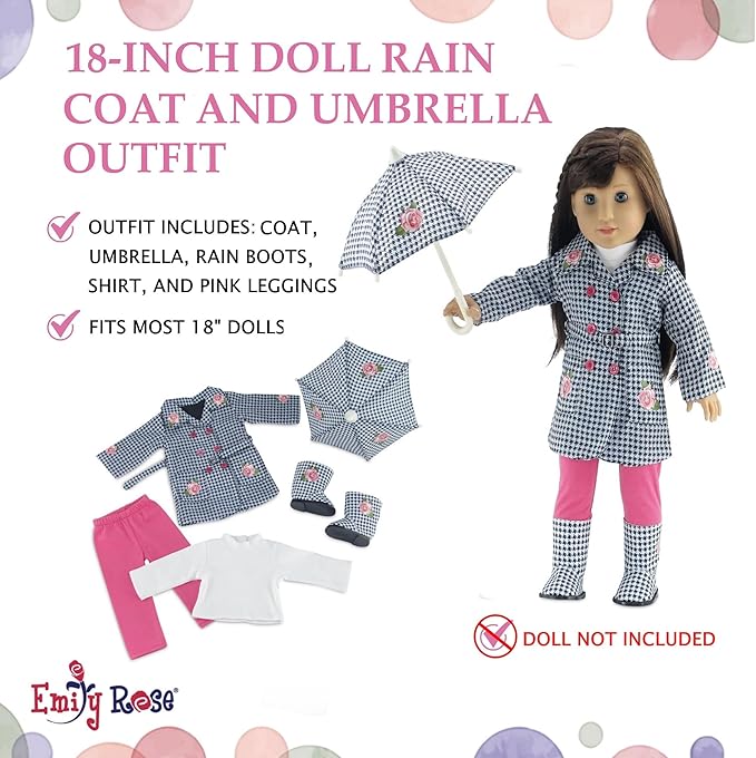 Emily Rose 18-inch Doll Raincoat Set 5-PC - Complete Rainy Day Outfit with Working Umbrella & Boots | American Girl Compatible | USA Brand