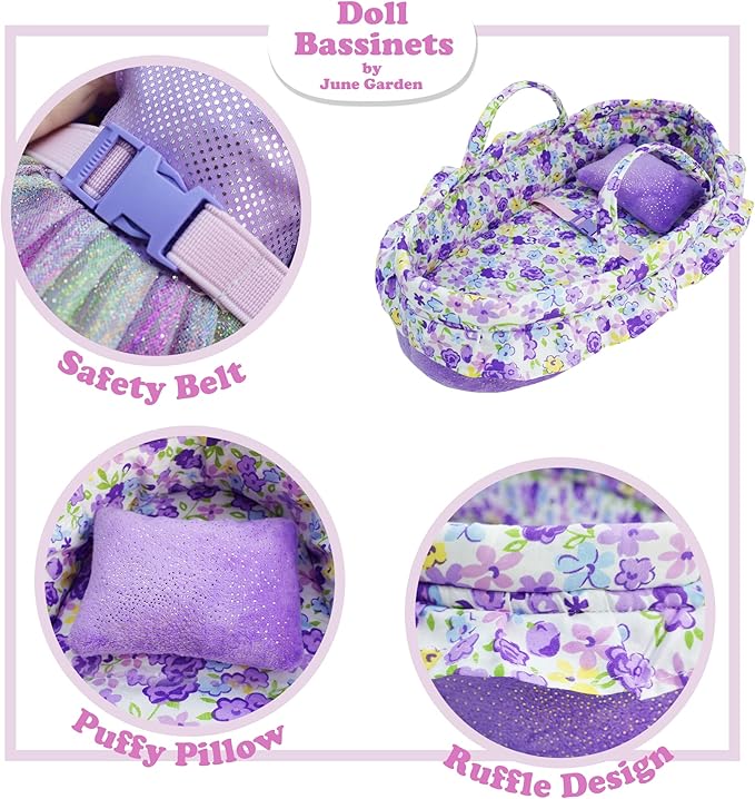 June Garden Cozy Dream Doll Bassinet - Baby Doll Portable Carrier - Fits for American Girl Dolls up to 18" - Soft Pillow & Safety Buckle Included - Purple