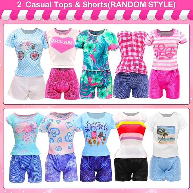 BARWA 37 Pcs Doll Clothes and Accessories for 11.5 Inch Girl Dolls Including 1Sequin Wedding Gown, 5 Tops 5 Pants, 4 Fashion Dresses, 2 Swimwear, 10 Hangers, 5 Pairs of Shoes, Bags, Glasses, Camera