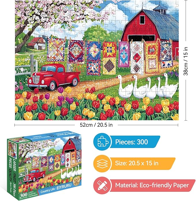 300 Piece Jigsaw Puzzle for Adults – Spring Farmyard Delight with Quilts & Tulips– Challenging and Relaxing Puzzle for Game Nights, Gifts & Home Décor (20.5" × 15")