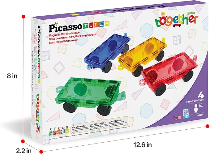PicassoTiles 4PC Magnetic Tiles Car Truck Base Construction Building Accessory Toy Yellow, Red, Green & Blue Compatible with Magnet Tile Sets Educational STEM Learning Build Kits Boys & Girls PT201