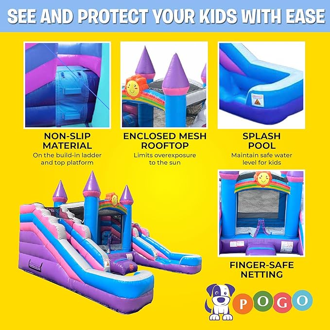Crossover Purple Castle Double Water Slide Bounce House Combo, 16.5 x 15 x 11 Foot, PVC Vinyl Inflatable Bouncy House for Kids, Wet or Dry Slides, with Stakes and Storage Bag, Blower not Included