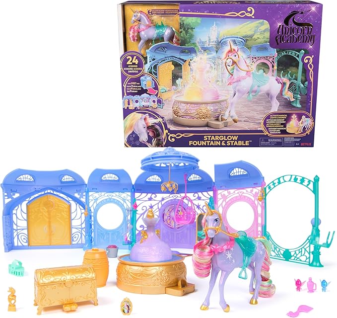 Unicorn Academy, Starglow Fountain & Stable Playset with Wildstar, Lights & Sounds, 24 Accessories, Dolls & Unicorn Toys for Girls Ages 4 and up