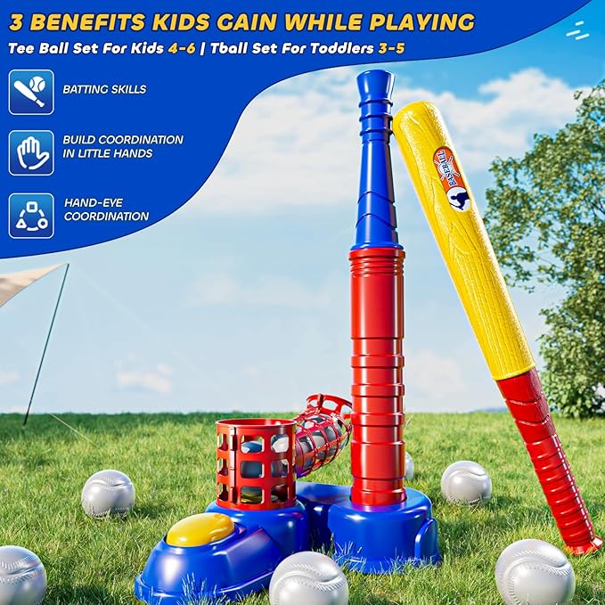 T Ball Sets for Kids 3-5, Baseball T-Ball Set with 10 Balls, Outdoor Sport Toy Games for 3-12 Year Old Boys Girls Toddlers, Training Batting Tee for Backyard and Lawn Play