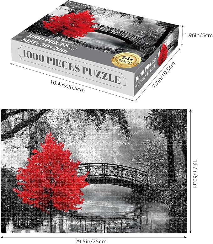 najiaxiaowu Adult Puzzle Classic Jigsaw Puzzle 1000 Pieces Wooden Puzzle DIY Black and White Bridge and Red Tree Modern Home Decor Intellectual Game Wall Art Unique Gift 75x50cm