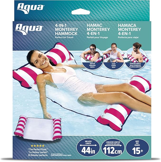 Aqua Original 4-in-1 Monterey Hammock Pool Float & Water Hammock – Multi-Purpose, Inflatable Pool Floats for Adults – Patented Thick, Non-Stick PVC Material – Pink
