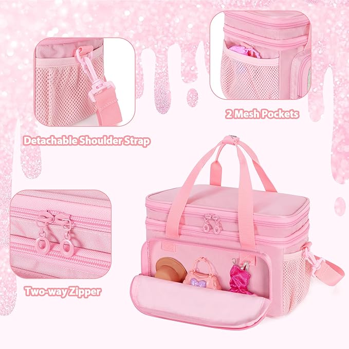 GRAOSO Carrying Case Compatible with Barbie Doll Clothes, Doll Accessories Storage Organizer, Double Layer Design, with Handle and Detachable Shoulder Strap, Case only (Pink)