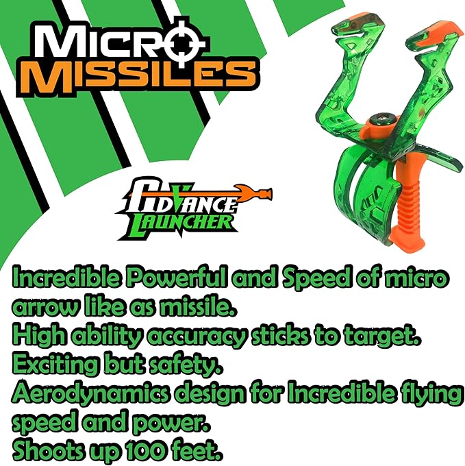 Amazing TOYZ Micro Missiles Green Bow and Arrow Toy for Kids 3 Inches Suction Cup Toy Rocket Launcher with Slingshot, Sticky Target Games Outdoor Backyard Play Birthday Gifts for Boys Girls Ages 6-12