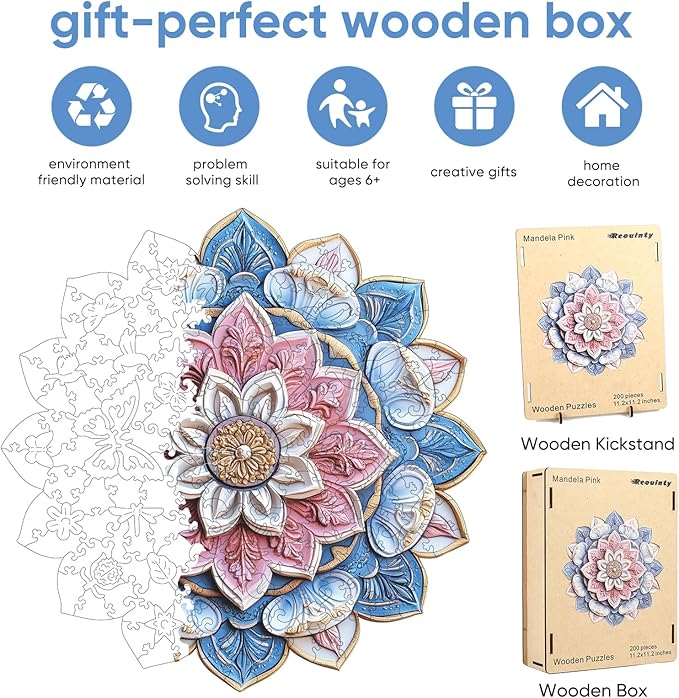 Reouinty Wooden Puzzle for Adults, Mandala Wood Puzzles 200 Piece, Jigsaw Puzzles Home Decor, Natural Puzzle Unique Shape Adult Puzzles, Puzzle Creative Gift for Adults 11.2 x11.2 in