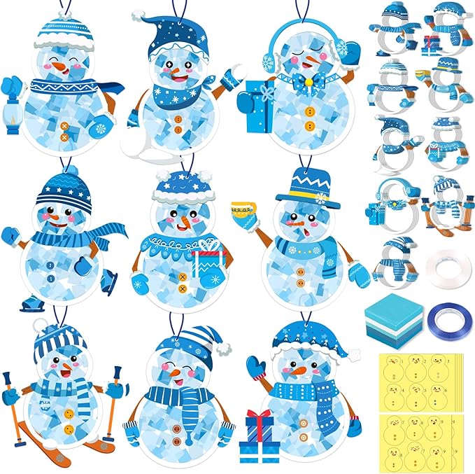 Renbuzhu 42PCS Winter Crafts Bulk: Snowman Paper Suncatchers DIY Kit for Christmas Holiday Activities Decorations, Window Stained Glass Effect Art Ornaments