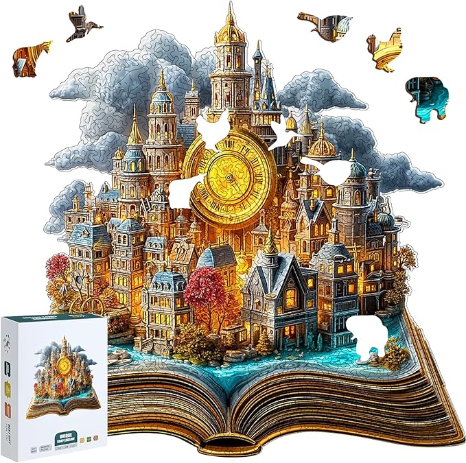 Wooden Puzzles for Adults, 210 Pieces Unique Animal Shaped 3D Book Castle Puzzle, Easter Gift for Mom, Mother's Day Wooden Jigsaw Puzzle with Storage Box