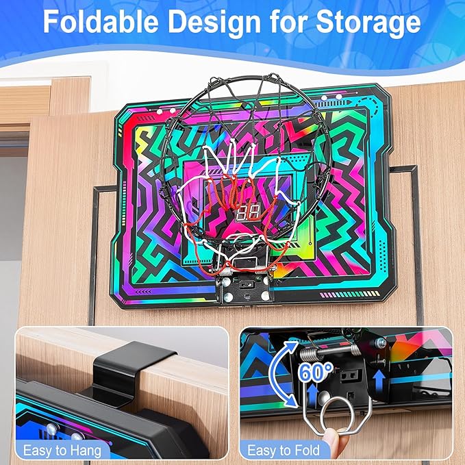 Indoor Mini Basketball Hoop, Over The Door Basketball Hoop with LED Lights/Scoreboard/4 Balls, Upgraded Reinforced Backboard Frame, Basket Ball Toys Gift for Kids Ages 3-5-12+ Boys Girls
