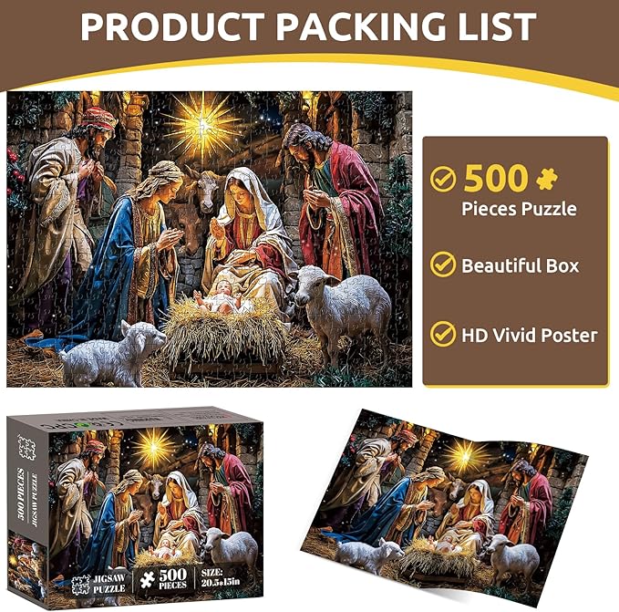 500 Piece Puzzle for Adults,Holiday Christ is Born Puzzles for Adults Elderly,Recycled Cardboard Nativity Puzzles 500 Piece,Challenging Family Game Great Gift for Family Friends,20.5 x 15 in