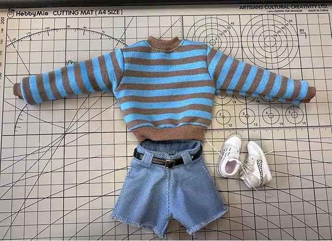 Fashion Doll Outfit Set with Blue and Brown Striped Sweatshirt, Shorts, Belt and Sneakers for 11.5-12 Inch Dolls, 1/6 Scale Figure or BJD