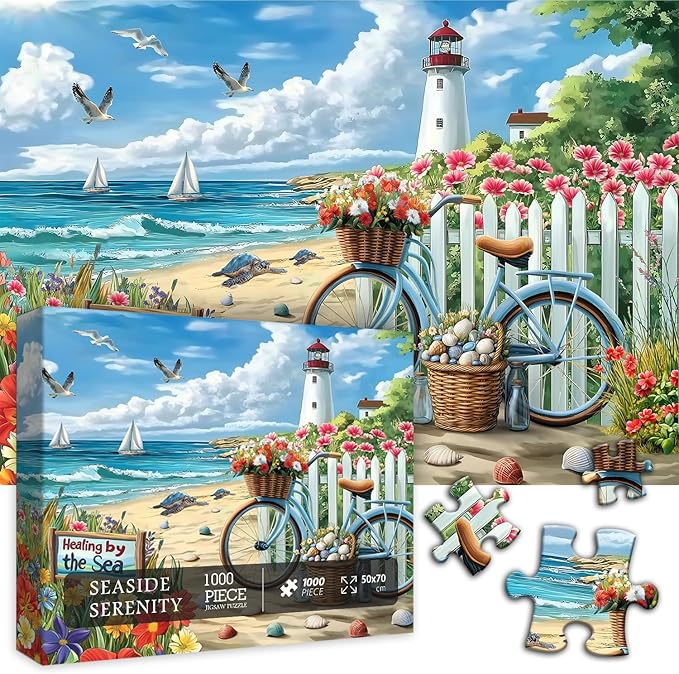 PICKFORU Beach Puzzles for Adults 1000 Pieces, Coastal Lighthouse Puzzle with Flowers Bike Sea Turtle, Nature Summer Ocean Jigsaw Puzzles, Seaside Scenery Challenge for Adults