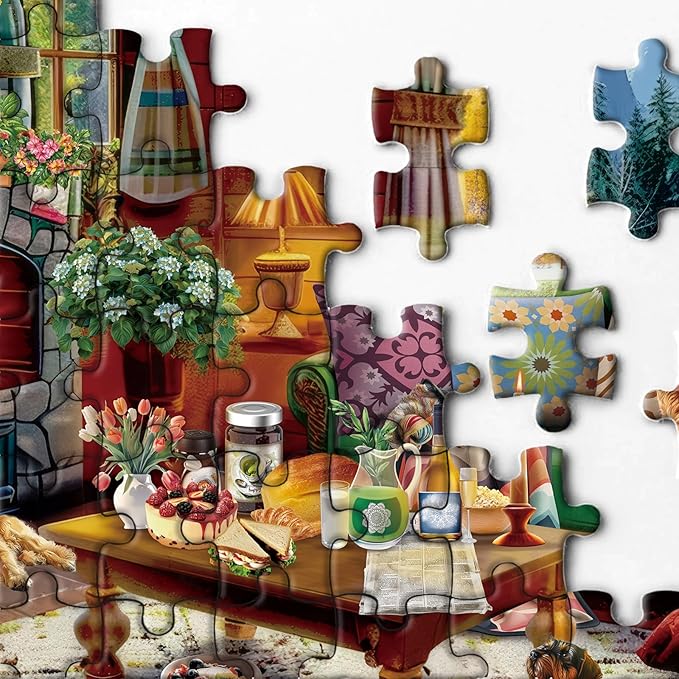 Cozy Cabin Winter Scene Puzzle 1000 Piece for Adults, Book Cozytime Jigsaw Puzzle Coffee Table, Dog Cat Puzzle