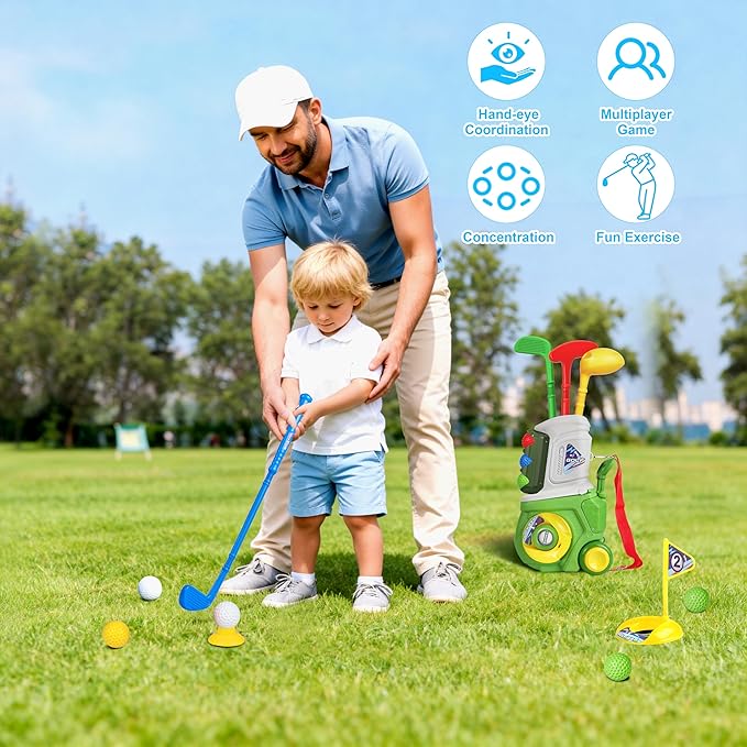 Toddler Golf Set, Kids Golf Set for Ages 1 2 3 4 5 Years Old Boys Girls with 4 Plastic Golf Clubs 10 Balls, Indoor Outdoor Baby Toddler Golf Clubs Set Toy with Cart Sport Toy Birthday Gifts Green