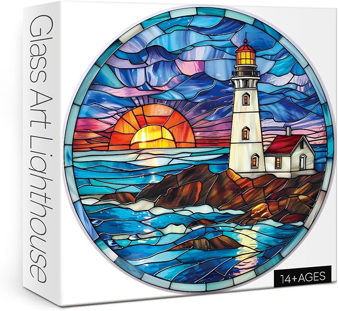 Stained Glass Beach Lighthouse Puzzle for Adults 1000 Piece, Ocean Sunset Jigsaw Puzzle, Nature Landscape Puzzle Scenery