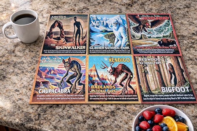 National Park Lore Cryptids Bigfoot Puzzle | 1000 Piece Puzzle | Vintage National Parks Puzzle for Adults | Blue Porcupine Puzzles