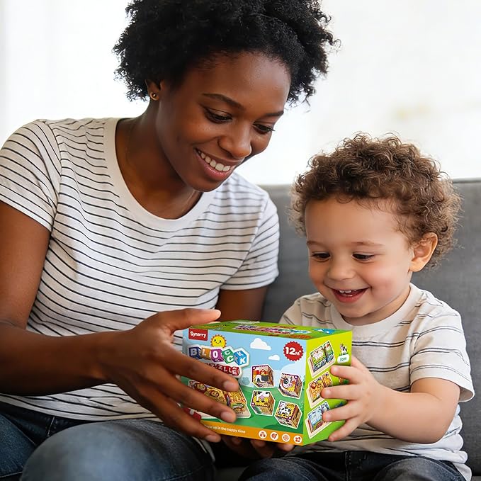 SYNARRY Wooden Puzzles for Toddlers 1-3, Farm Jungle Ocean Animals Puzzles for Toddlers 2-4, Wooden Cube Puzzle with Storage Tray, Large Block Montessori Toys for 1 2 3 Year Old, Easter Gifts for Kids