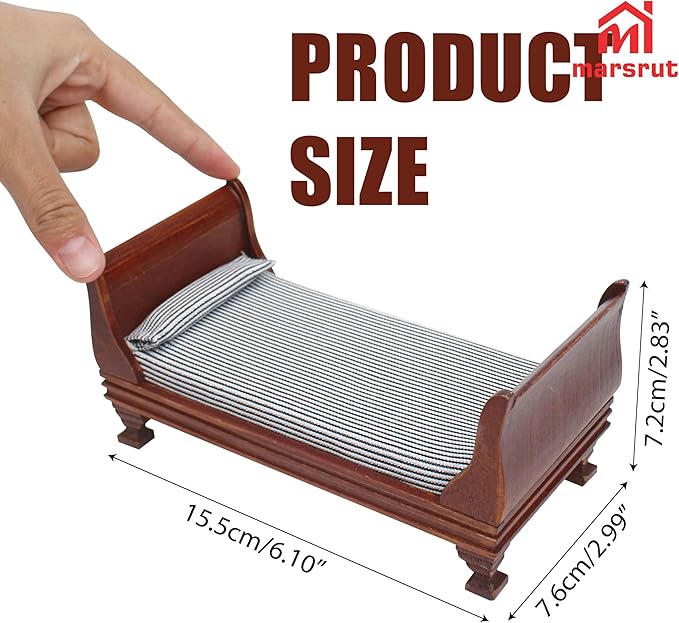 1:12 Scale Doll House Miniature Single Bed with Bedding Fabric & Pillow, Wooden Vintage Victorian European Style Bedroom Furniture Decor Christmas Accessories, Mini Sleigh Bed for 6 Inch Dolls