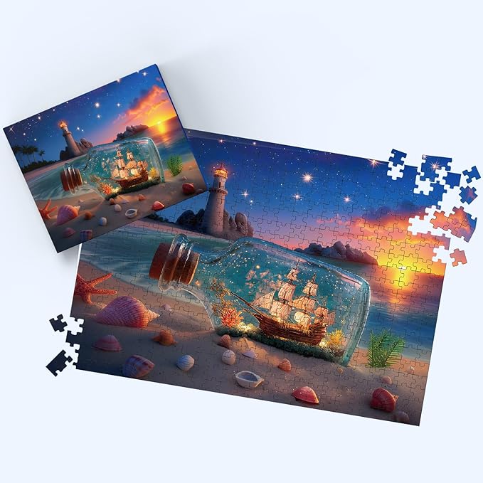 Puzzles for Adults 500 Pieces, Lighthouse Jigsaw Puzzles - Bottle of Stars, Impossible Beach Sailboat Puzzle for Seniors Families, 20.47x14.96 Inches, 1:1 Poster, Letter On The Back