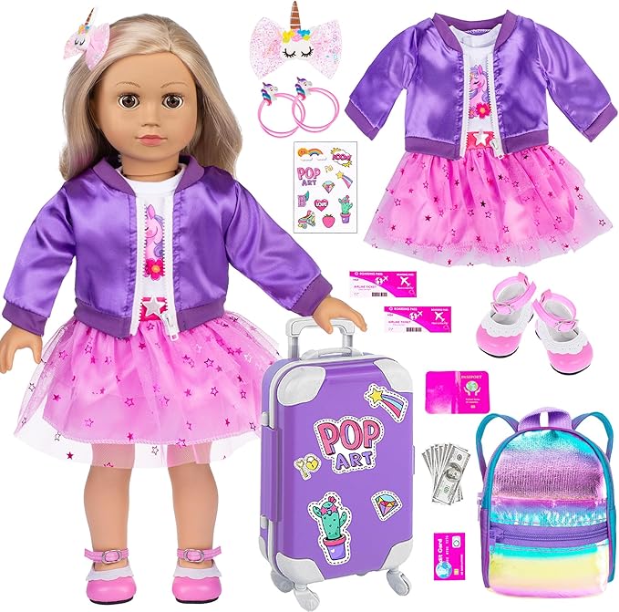 ebuddy 18 Inch Doll Clothes and Travel Accessories Set - Unicorn Themed Play Set for 18" Dolls, Includes Jacket, Skirt, Suitcase, Backpack & More (Doll Not Included)