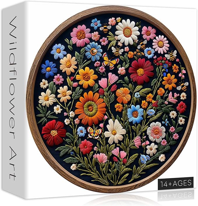 Vintage Wildflower Puzzles for Adults 1000 Pieces, Round Butterfly Bee Plant Puzzle Nature Art, Circle Pretty Flower Garden Jigsaw Puzzle, Retro Aesthetic Floral Puzzle