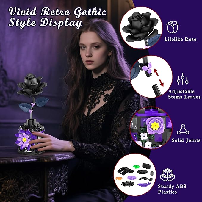 Gothic Black Roses Building Blocks Kit, Mysterious Dark Bloom with Vase Toy Building Sets for Boys Girls, 359 Pcs Artificial Flower Building Toys for Mom