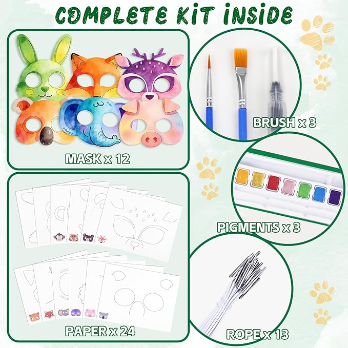 Animal Masks Paint with Water Coloring Books for Kids, 24 Pcs Paper Mache Masks Half Face, Jungle Zoo Animals Cartoon Masks, Mess Free Watercolor Painting Kit Painting Activity for Kids Ages 3-5 4-8 for Birthday Party Halloween Gifts
