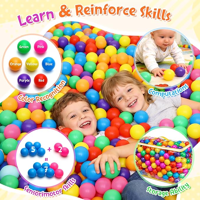 Ball Pit Balls Phthalate Free BPA Free Crush Proof Plastic - 7 Bright Colors in Reusable Play Toys for Kids with Storage Bag