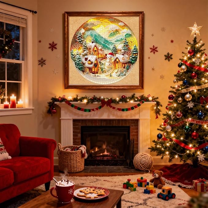 Round Jigsaw Puzzle 1000 Pieces - 3D Paper-Cut Winter Snow Village - 26.6" Circular Challenge, Christmas Snowman Landscape, Mindful Holiday Activity Gift