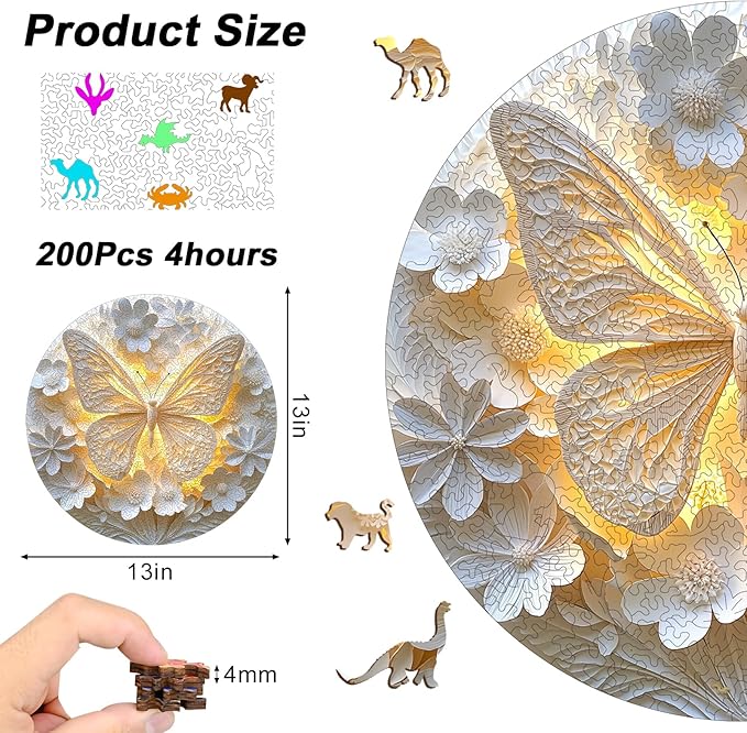 Wooden Puzzles for Adults, 210 Pieces Round Unique 3D Butterfly & Flower Shaped Wooden Jigsaw Puzzle, Easter Gift for Mom, for Adult Puzzle Lovers
