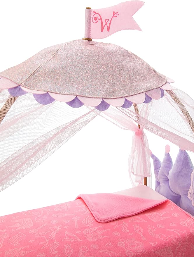 American Girl WellieWishers 14.5-inch Doll Royal Canopy Bed Playset with Mesh Drapes, Flag, and Blanket, For Ages 4+
