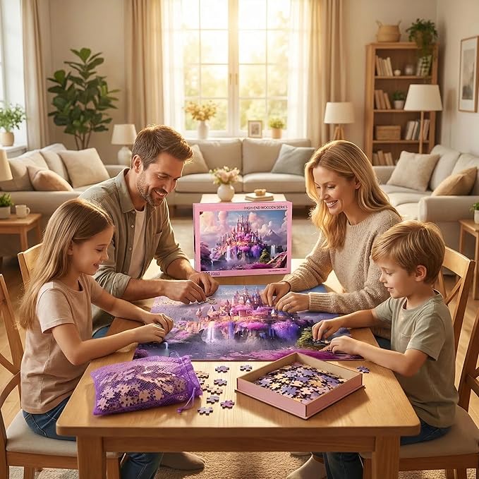 Dreamy Pink Castle Fantasy Art Puzzle 1000 Pieces with Letters on Back Only, Cherry Blossom Waterfall Scenery Jigsaw Puzzles for Adults, Includes Poster & Storage Bag, 29.5x19.7in