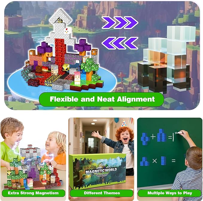 150PCS Magnetic Building Blocks Set – 0.8in Pixel World Construction Toys, Universal Compatibility, STEM Creative Play Set for Kids Ages 3+, Grass, Lava & Portal Scenes