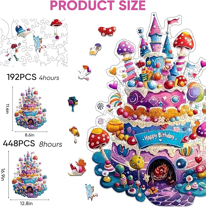Mocfesk Birthday Cake Jigsaw Wooden Puzzles, Irregular Wooden Puzzles for Adults and Kids, Funny Party Birthday Gifts Beautiful Home Decor 16.9 x 12.8 in