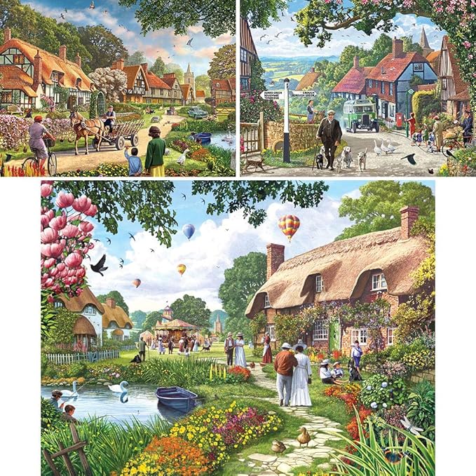 Bits and Pieces – Value Set of Three Large 300 Piece Jigsaw Puzzles for Adults – Village Life Jigsaw Puzzles by Artist Steve Crisp, Completed Puzzle Size: 18" x 24"