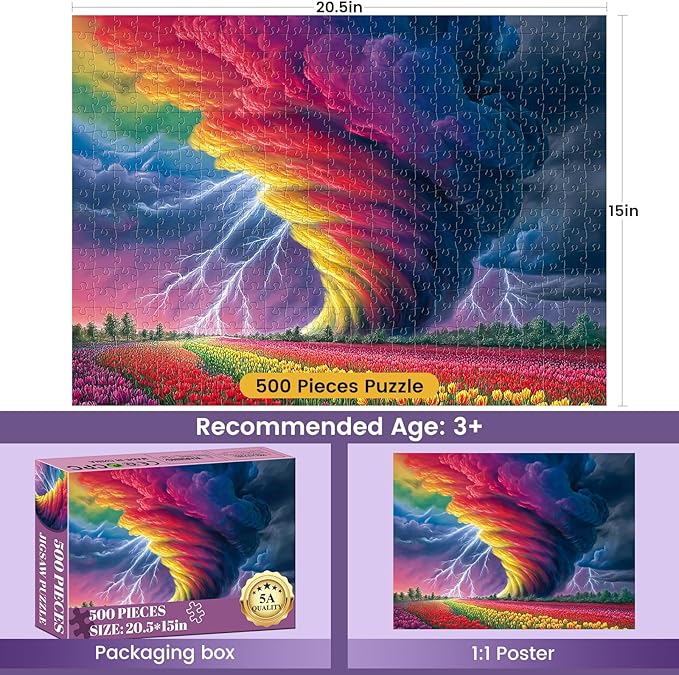 500 Piece Puzzle for Adults,Colorful Flower Puzzle for Adults Seniors,Rainchbow Tornado Jigsaw Puzzle with Letters on Back,Challenging Unique Family Game Gifts for Friends Men Women Seniors,20.5*15In