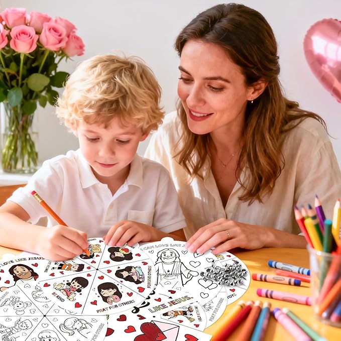 COcnny Valentine’s Day Christian Coloring Craft for Kids - 24 Sets Color Your Own Valentines Religious Art Cards, DIY Sweet Jesus Bible Wheel Paper for Church Sunday School Classroom Class Activities