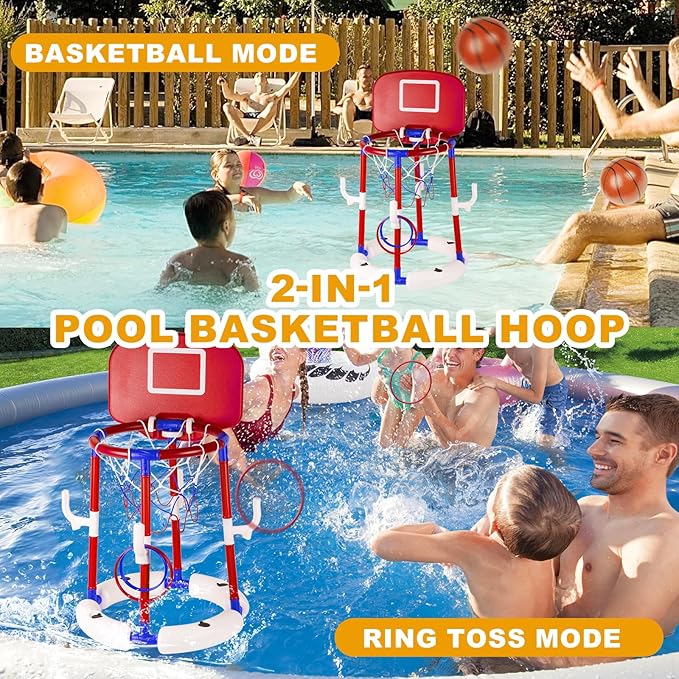 Taotuo Red Floating Pool Basketball Hoop with Backboard, 2-in-1 Basketball & Ring Toss Game with 4 Balls, 6 Rings&Pump, Summer Pool Toys Outdoor Water Fun Family Party for Age 3-12